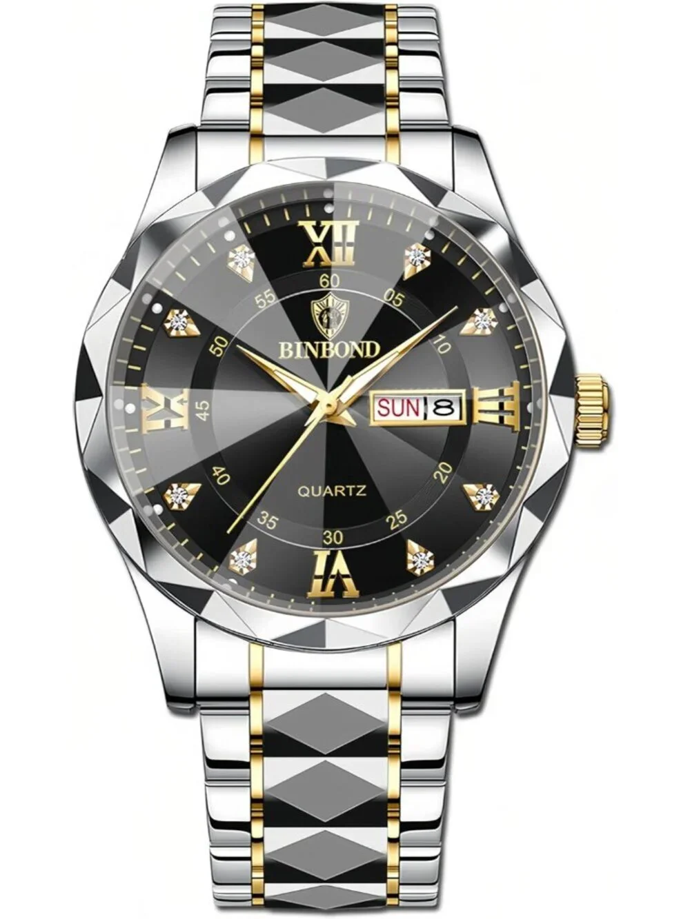 Unisex Silver Black Analog Stainless Steel Roman Numeral Diamond Luxury Watch
